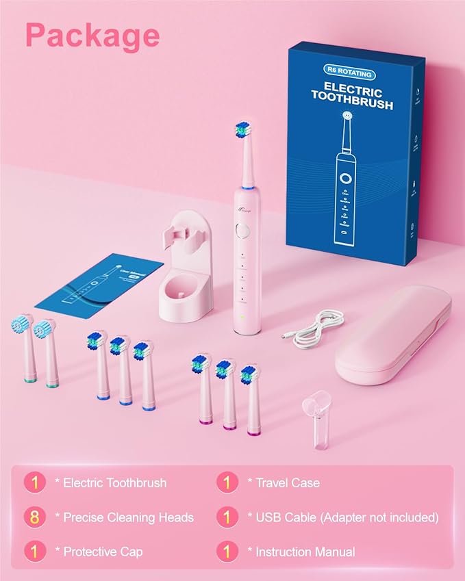 Rotating Electric Toothbrush for Adults, 8 Brush Heads (2 Types) & Travel Case, 5 Cleaning Modes Rechargeable Power Toothbrush with 2-Minute Smart Timer, Pink