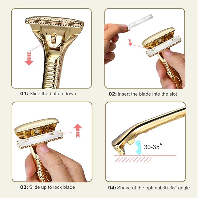 Single Blade Razors for Men and Women, Reusable Modular Safety Razor with Magnetic Head and Metal Non-Slip Grip, 10 Single Edge Razor Blades & Leather Case,Gold Whiskers