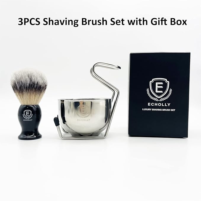 Men's Travel Shaving Brush Set-3pcs Wet Shave Kit with Synthetic Hair Brush, Stainless Bowl & Stand-Lightweight, Quick Dry, Easy to Carry by Echolly