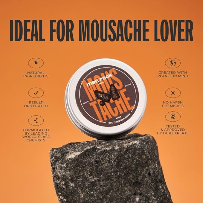 Men Rock Soothing Moustache Wax, Perfect to Shape, Style and Tame Unruly Hairs, Enriched with Argan Oil to Moisturise Hairs, Earthy Oak Moss Fragrance 25ml