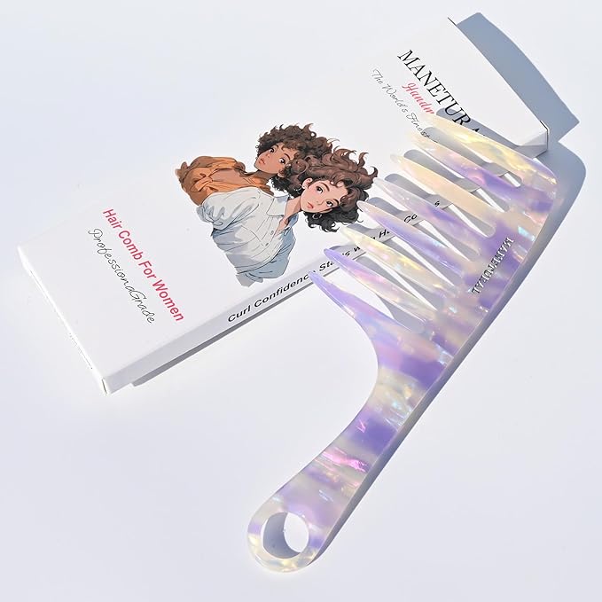 D1 | wide tooth comb 7.4"for easy portability. Suitable for Women's/girl curly, curly and tight hair, the short handle design is easy to carry. Acetate comb (White Purple B)