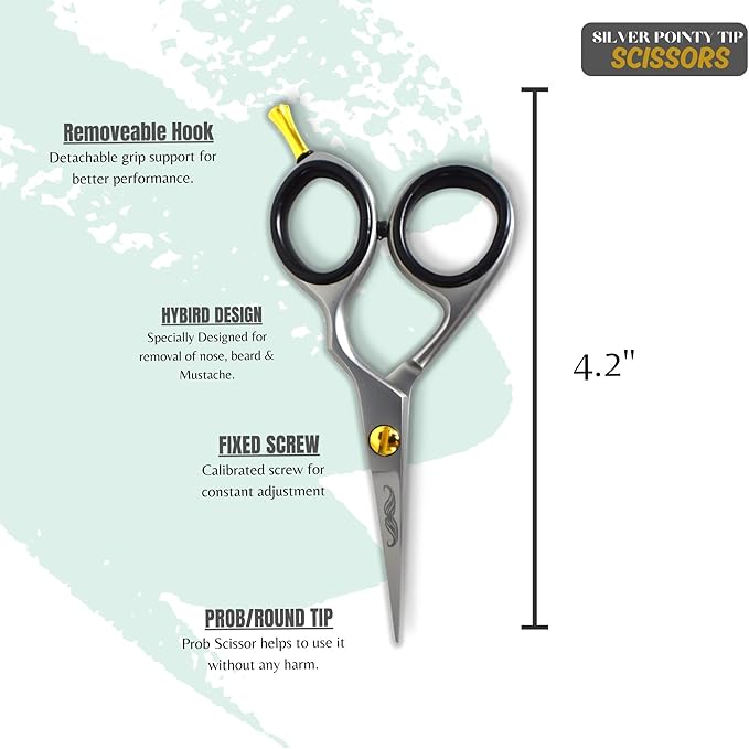 Rounded-Tip Trimming Scissors for Men – Stainless Steel High Carbon Beard, Mustache, and Ear Hair Grooming Scissor (Silver-Pointy-Tip)