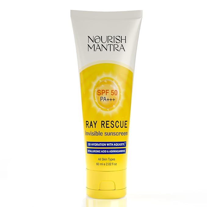 NOURISH MANTRA Ray Rescue Sunscreen/Sunscreen SPF 50/ With Hyaluronic Acid, Aquaxyl, Aloe Vera Extracts & Ashwagandha Extracts/No White Cast, (60 ml (Pack of 1))
