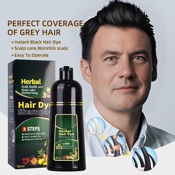 Black Hair Dye Shampoo 3 in 1 Herbal Natural Dye Cover Gray, for Women/Men Hair Color for Grey Coverage (Black)