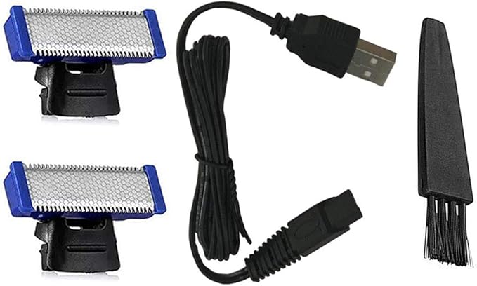 INVODA Shaver Head Replacement Charger and Brush for Electric Solo Shaver Cleaning Bursh USB Data Cable Power Trimmer Solo Head Replacement Charge Line (2Shaver Head & Cord&Brush)