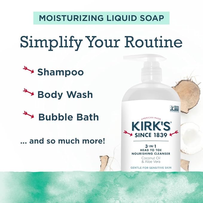 Kirk's 3-in-1 Head to Toe Nourishing Liquid Cleanser - for Men, Women, & Children - Premium Coconut Oil & Aloe Vera - Non GMO & Vegan - Mint and Eucalyptus - 32 Fl Oz.