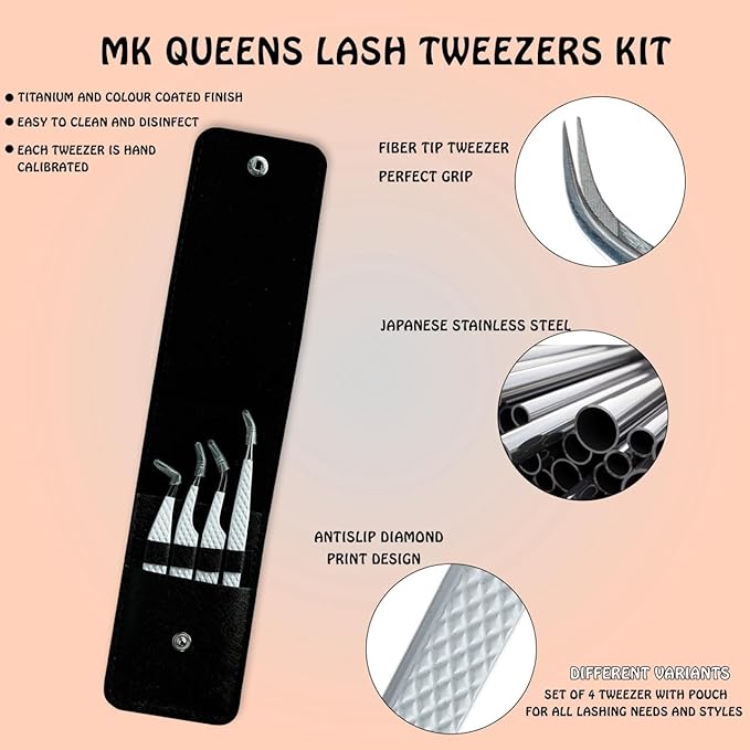 Lash Tweezers - Stainless Steel Fiber Tip Eyelash Tweezers (Set of 4) - Diamond Grip Professional Lash Tweezers for Eyelash Extensions (White)