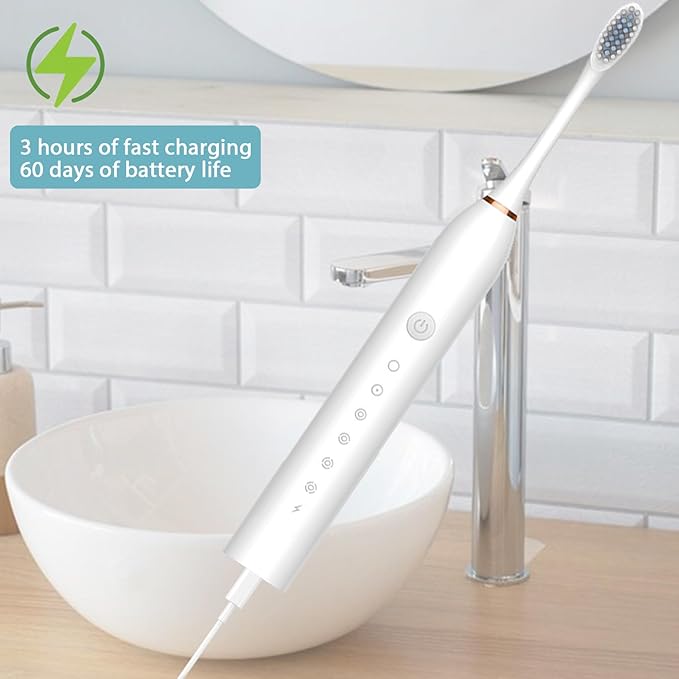 Electric Toothbrushes Adults Rechargeable Toothbrush with 4 Brush Heads and 6 Cleaning Modes Low Noise Waterproof Toothbrush Smart Timer Longer Life for Women Men Gift White