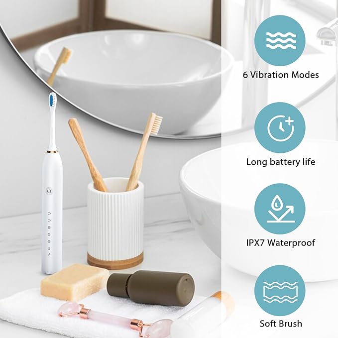 Electric Toothbrushes Adults Rechargeable Toothbrush with 4 Brush Heads and 6 Cleaning Modes Low Noise Waterproof Toothbrush Smart Timer Longer Life for Women Men Gift White