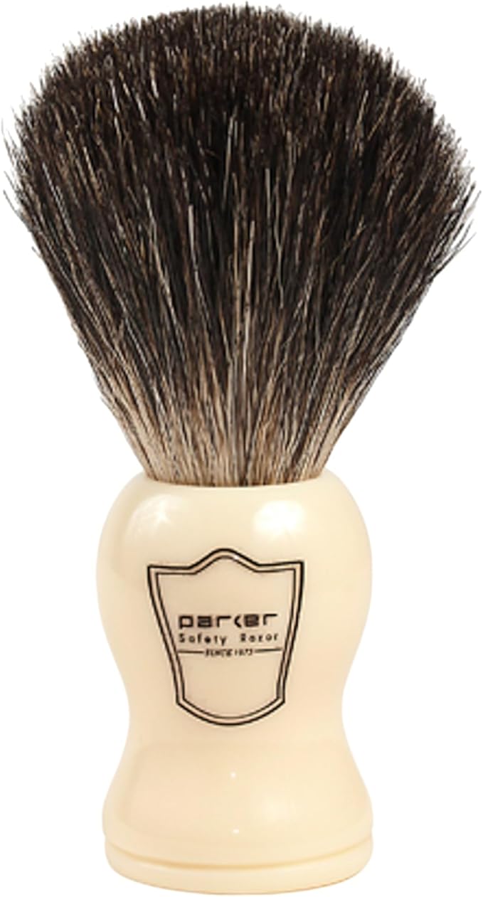 Parker 100% Black Badger Bristle Shaving Brush with White Handle–Extra Dense Badger Bristles Shave Brush Create a Superior Lather–Brush Stand Included