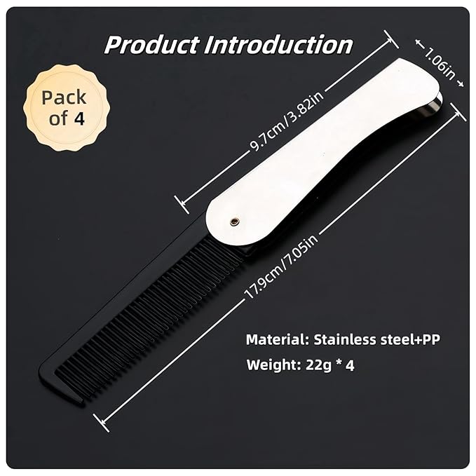 4 Pcs Folding Pocket Combs for Men - Stainless Steel Fine Tooth Hair Beard Combs for Styling Hair, Beard or Mustache Care, Compact Design for Travel & Everyday Grooming (Silver)