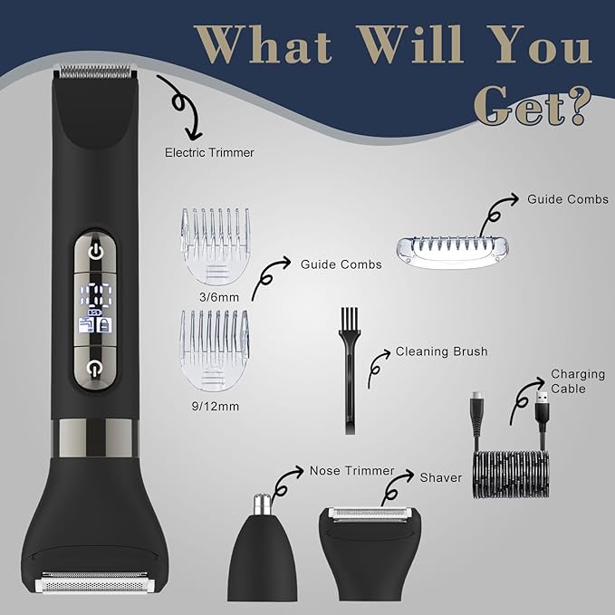 Hatteker 3 in 1 Multifunctional Dual - Head Body Hair Trimmer for Men, IPX7 Waterproof Nose/Eyebrow Trimmer, Rechargeable Body Electric Shaver Razor