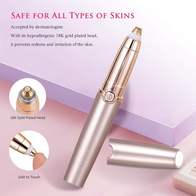 Eyebrow Hair Remover Razors, Painless Precision Eyebrow Trimmer, Portable Eyebrow Epilator Pen with Light and USB Charging, Cleaning Brush Included Eyebrow Hair Removal for Women