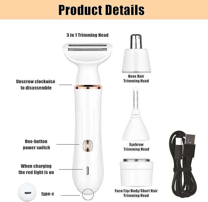 Electric Razor for Women,4-in-1 Women’s Facial Hair Removal for Face Nose Eyebrow Beard Arm Leg Armpit, Rechargeable Womens Body Shavers Set（White）