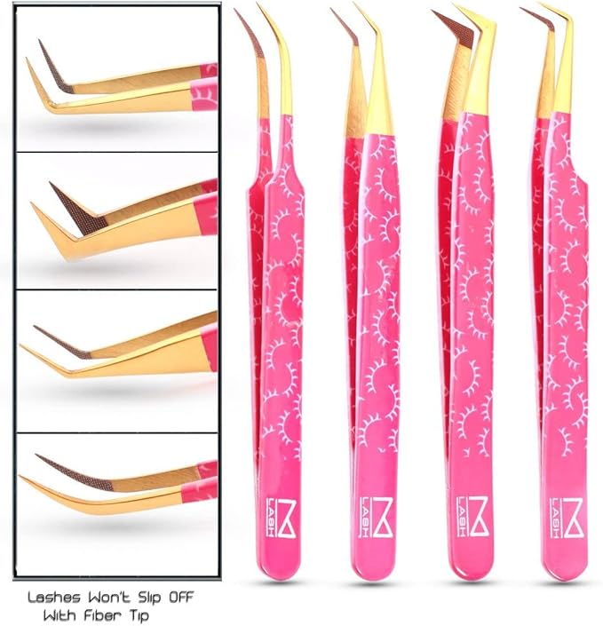 M LASH Tweezers for Eyelash Extensions (Set of 4) - Professional Lash Extension Tweezers - Fiber Tip, Japanese Steel, Diamond Grip Eyelash Extension Tweezer set (PW)