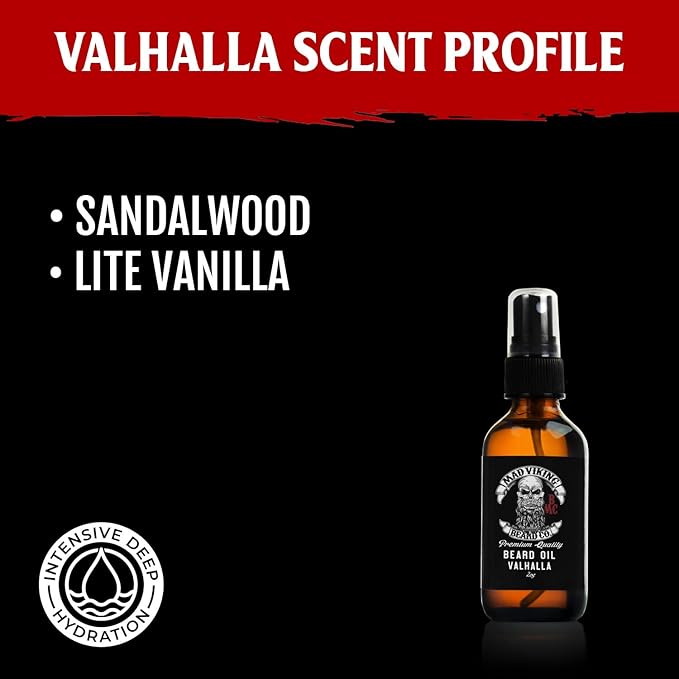 Mad Viking Valhalla Beard Oil - Hydrate, Soften And Grow Your Beard Naturally. Fight Itch And Dandruff With A Smooth Sandalwood & Vanilla Scent, Made In The USA - 2oz