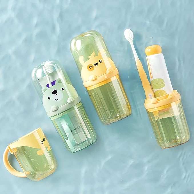 Cute Portable Toothbrush Holder Plastic Toothbrush Travel Case for Kids with Detachable Handle Multifuction Toothbrushes Toothpaste Storage Box Set for Camping Travel or Daily Use (Yellow)