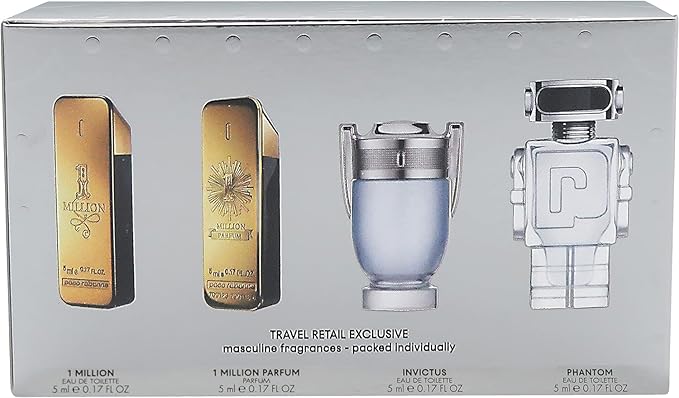 Paco Rabanne 4 Pcs MINI SET For Men: ONE MILLION 0.17 Eau De Toilette + ONE MILLION 0.17 Parfum + INVICTUS 0.17 EDT + PHANTOM 0.17 EDT