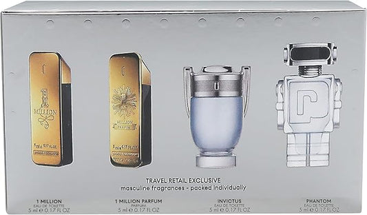 Paco Rabanne 4 Pcs MINI SET For Men: ONE MILLION 0.17 Eau De Toilette + ONE MILLION 0.17 Parfum + INVICTUS 0.17 EDT + PHANTOM 0.17 EDT