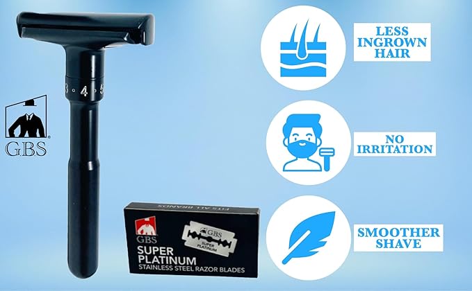G.B.S Black Adjustable Men's Double Edge Safety Razor and 10 G.B.S Platinum Blade Refills