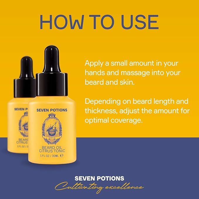SEVEN POTIONS Natural Beard Oil for Men 1 FL OZ / 30ml — Fresh & Citrus Beard Softener & Conditioner — Vegan Conditioning Oil That Helps Prevent Itch & Dandruff (Citrus Tonic)