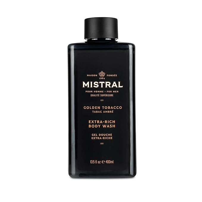 Mistral Men's Body Wash & Shampoo, Golden Tobacco 13.5 oz | 2-in-1 Natural Shower Gel for Men | SLS, Paraben & Phthalate Free | Natural Men’s Body Wash, Moisturizing Bath Gel - Made in France
