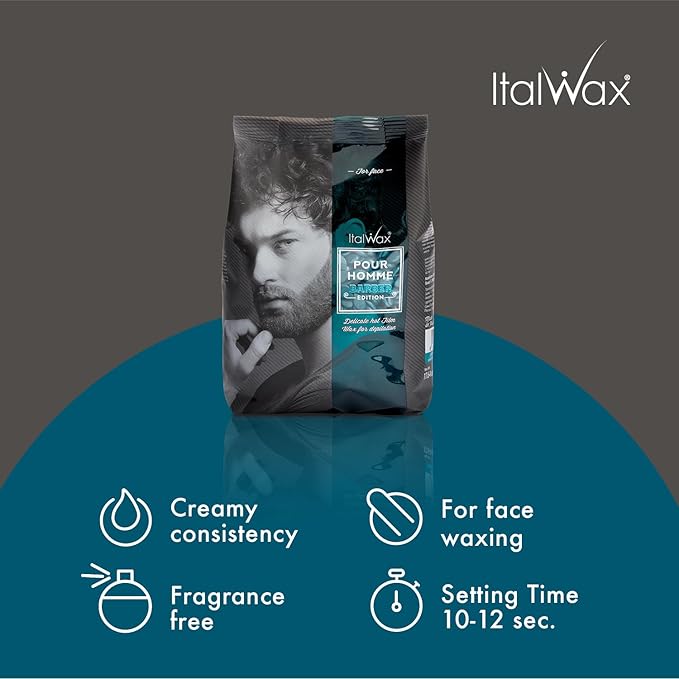 Italwax Pour Homme Barber Edition - 500g / 1.1lb - Hard wax beads for hair removal - Special for man - Natural formulation - Easily removes coarse hairs - Ideal for barber shops