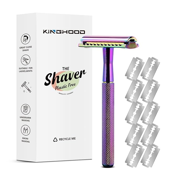 KINGHOOD Safety Razor Single Blade for Men with 10 Double Edge Blades Metal Reusable Eco Friendly Razors Colorful