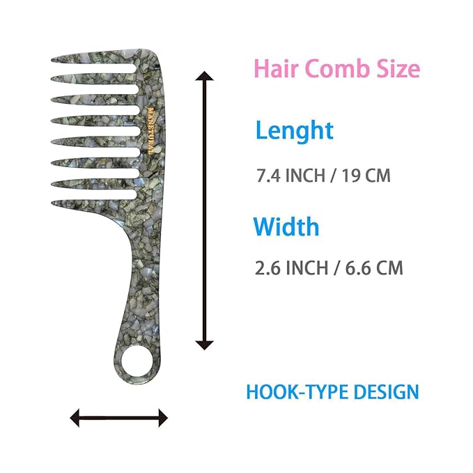 D1 | wide tooth comb 7.4"for easy portability. Suitable for Women's/girl curly, curly and tight hair, the short handle design is easy to carry. Acetate comb (Stone pattern)