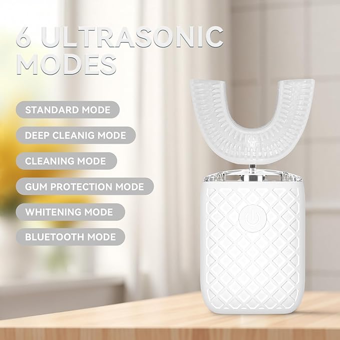 Adult Sonic Automatic Electric Toothbrush, 360° Oral Cleaning Stain Whitening, IPX7 Waterproof Rechargeable, u-Shape Brush Head*3+Straight Handle Brush Head*2 (White - Cup)