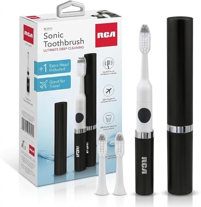 RCA Sonic Electric Toothbrush for Adults – Battery Powered Toothbrush with Extra Brush Head, Spin Brush Toothbrush for Travel - Black