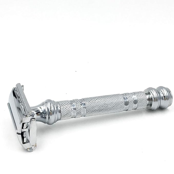 Parker 66R Long Handle Butterfly Safety Razor – Twist-to-Open Brass Frame with Textured Chrome Finish for Close, Comfortable Shaves - 5 Blades Included