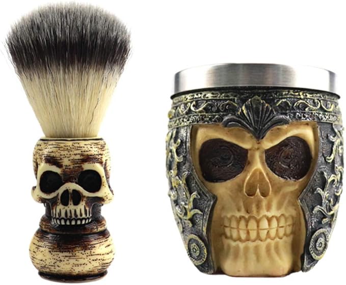 SaditY 1 Set of Male Beard Brush Bowls Set Skull Head Shaped Handle Beard Shaving Brush Shaving Bowl Tools (Style A)