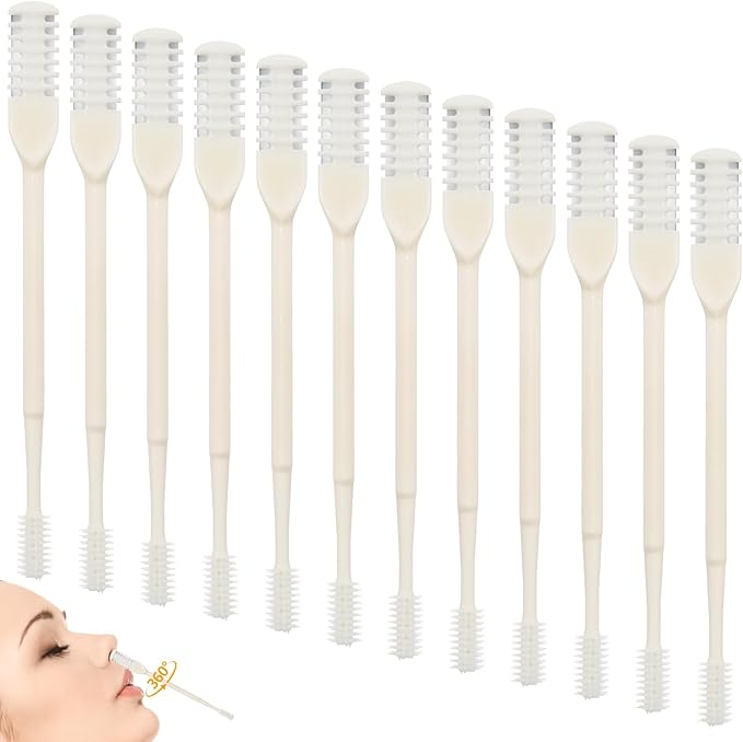 12 Pcs 2 in 1 Nasal Hair Cutter for Women Men, Double Sided Manual Nose Hair Trimmer Portable 360° Rotating Upgrade Nose Hair Knife with Soft Cleaning Brush Head, Travel Essentials (Cream)