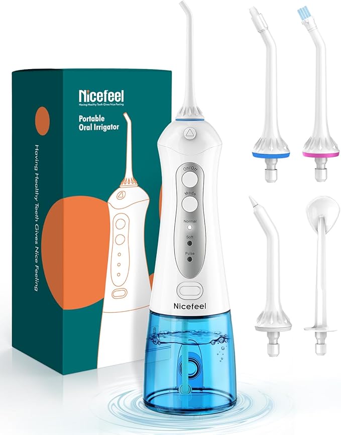 Cordless Water Flosser Teeth Cleaner, Nicefeel 300ML 2 Tip Cases Portable and USB Rechargeable Oral Irrigator for Travel, IPX7 Waterproof, 3-Mode Water Flossing with 4 Jet Tips for Home