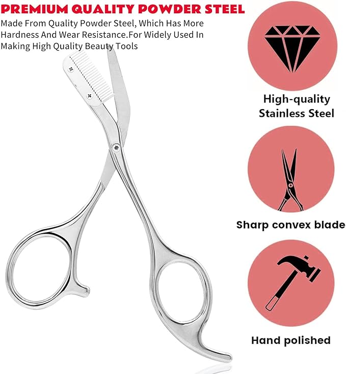 Eyebrow Scissors with Comb, Stainless Steel Facial Grooming Scissors Kit, Professional Precision Eyebrow Trimmer, Perfect For Gifts for Men and Women (Grey)