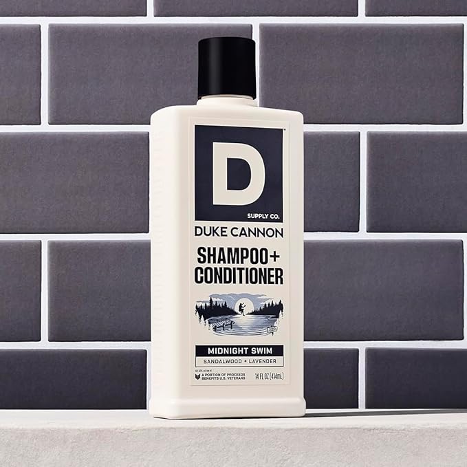 Duke Cannon Supply Co. 2-in-1 Hair Wash - Masculine Scent - Gentle Cleansing Hair Wash For Men - Stimulating Hair Shampoo & Conditioner - Strengthens Hair - Midnight Swim - 2 Pack - (14 oz)