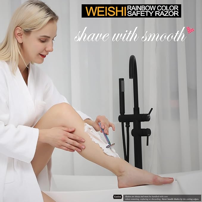 WEISHI Butterfly Open Double Edge Safety Razor for Men and Women, Elegant Rainbow Color Handle with 5 Stainless Razor Blades Included, Reusable Wet Shave Tool for Smooth, Close Shave