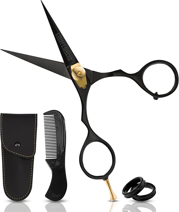 Charlemagne Hand-Forged Japanese Steel Beard & Mustache Scissors - 5.5in, Black - Precision Cutting & Beard Trimming Kit - Sharp Blades & Mustache Grooming Kit - Versatile Nose & Hair Scissors