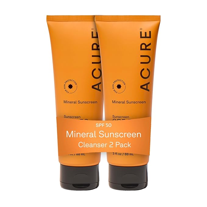 Acure Mineral Sunscreen SPF 50 - Zinc Oxide Sunscreen for Face & Body, Travel Size Sunblock Cream for Men & Women, Non Toxic for Sensitive Skin with Squalane for Hydration - 3 fl oz (2 Pack)