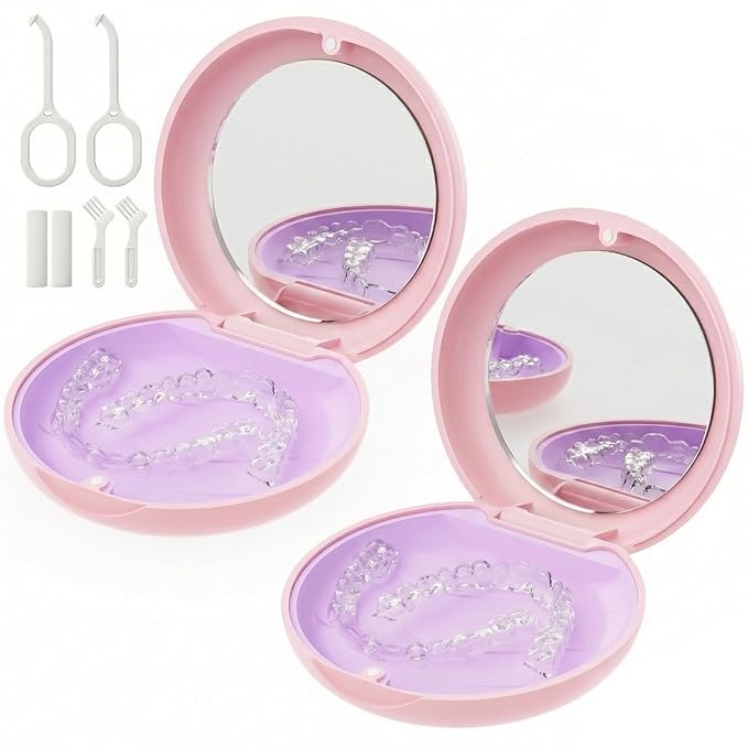 2 Pack Retainer Case with Mirror, Magnetic Aligner Case Compatible with Invisalign, Portable Slim Orthodontic Storage Kit for Clear Aligners - Pink