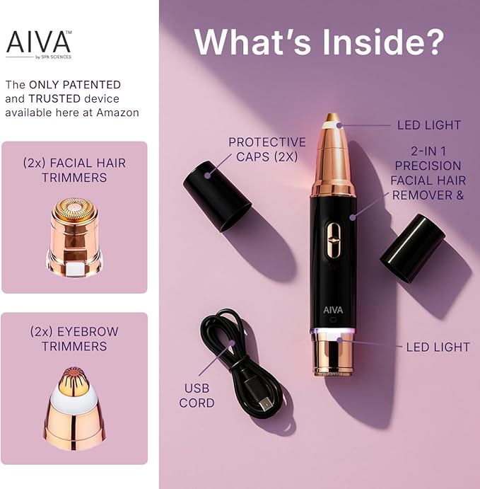 SPA SCIENCES - AIVA Deluxe – Patented Dual 2-in-1/Double Sided Facial Hair Remover & Eyebrow Trimmer USB Rechargeable with Built-in LED Lights & 2 Extra Replacement Heads