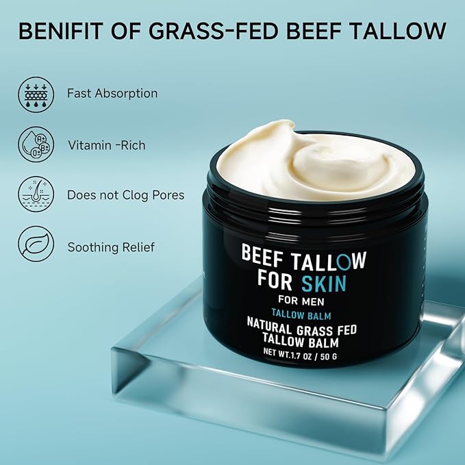 Beef Tallow for Skin, Beef Tallow Skin Care for Men, Mens Skincare Moisturizer for Face Neck Deeply Nourishing and Moisturizing, Unscented Original Tallow Face Moisturizer for Men, 1.7 OZ