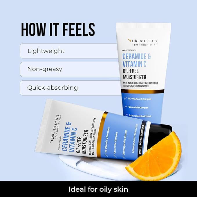 Dr. Sheth's Ceramide & Vitamin C Oil-Free Face Moisturizer | Enhances Glow & Strengthens Skin Barrier | Deeply Hydrates | Lightweight for All Skin Types | 1.76 Oz/50 g