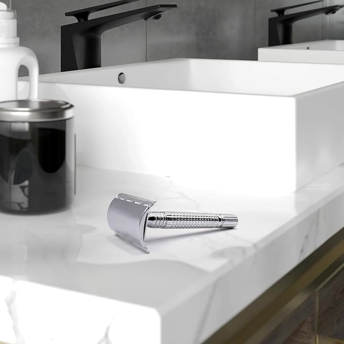 Safety Razor for Men and Women, Reusable Metal Razors, with 10 Platinum Safety Razor Blades, Face Razors for Men Shaving, Sustainable Hair removal and shaving cleaning tools, Metallic Silver