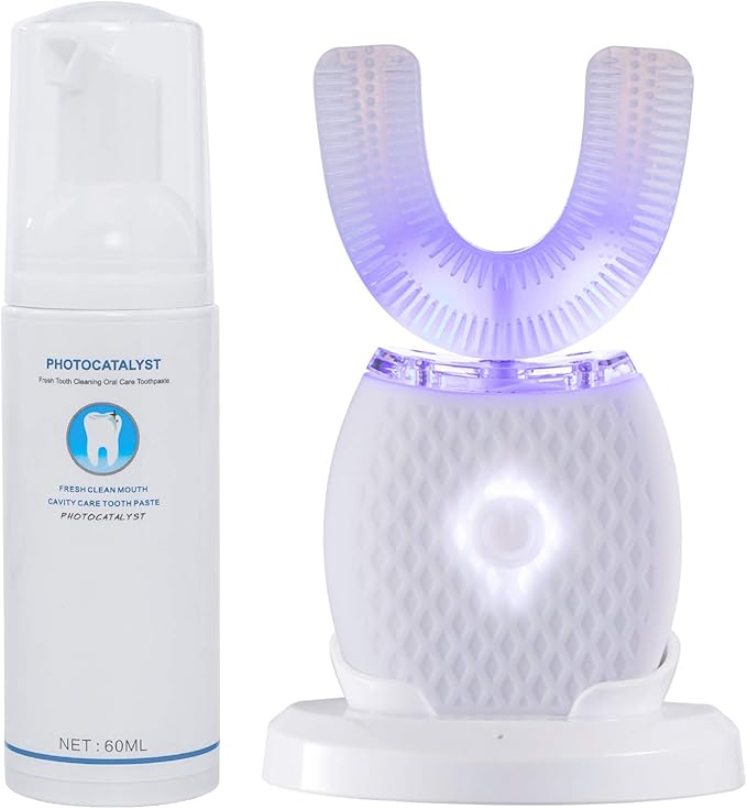 Automatic Toothbrush U Shaped Toothbrush for Adults 360° Toothbrush 30'' Automatic Timer Wireless Charging Washable Travel Home, White