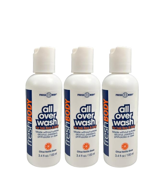 Fresh Body All Over Wash Travel Size Body Wash & Shampoo for Men & Women (3 Pack) - Citrus Vanilla Grove Shower Gel for Hair, Face & Body, 3.4oz - No Alcohol, Sulfates, Dyes or Parabens
