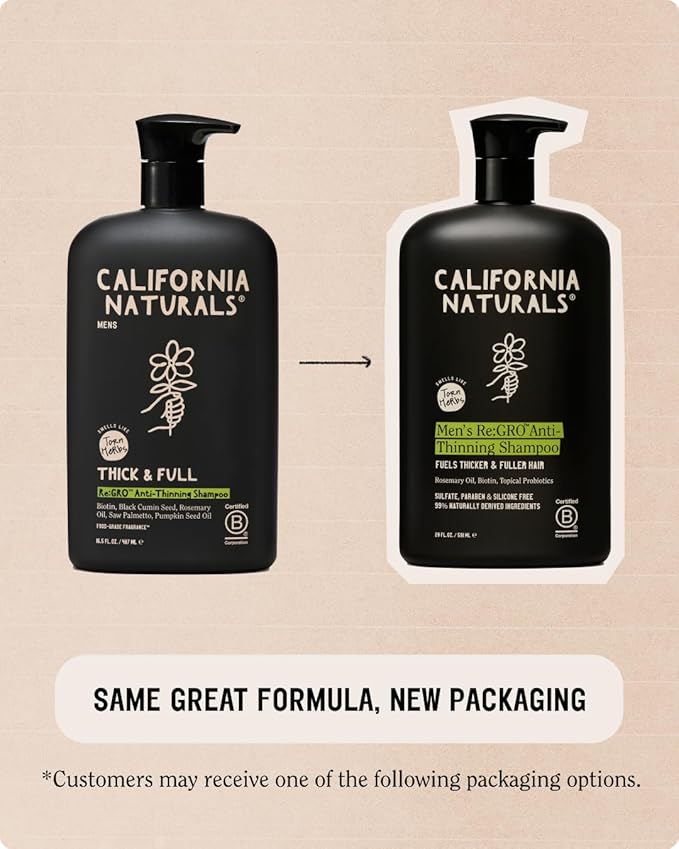 California Naturals Mens Re:Gro Shampoo and Conditioner Set, Anti-Thinning & Hair Growth Support, All Hair Types, Vegan, Natural, Cruelty, Silicone, Paraben & Sulfate Free for Men, 20 fl oz