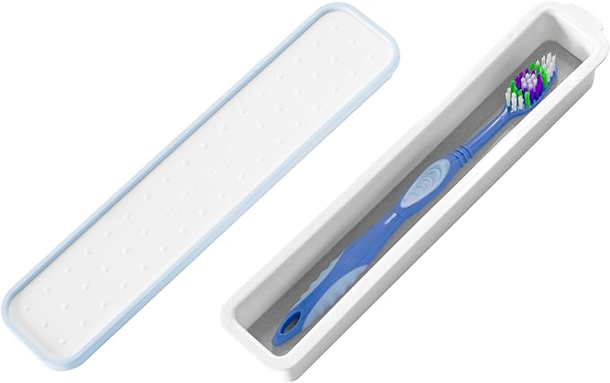 madesmart Travel Toothbrush Case with Drying Stone, Quick-Dry Protective Holder for Toothbrushes, Razors, Toothpaste & Bathroom Counter Essential, Toiletries, Blue