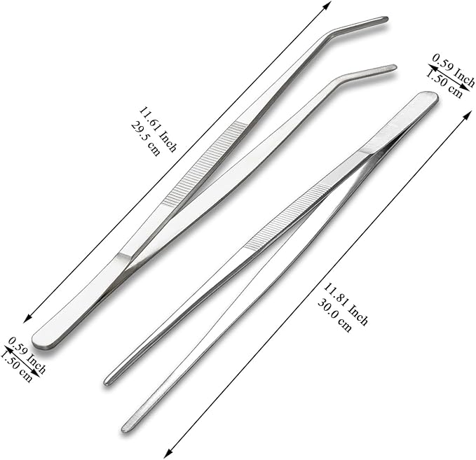 Berglander Kitchen Tweezers Tongs 2pcs, 12" Extra-Long Stainless Steel Metal Heavy Duty Cooking Tweezers for Chef, Serving Food, Grill, Culinary, Pasta, Salad, BBQ